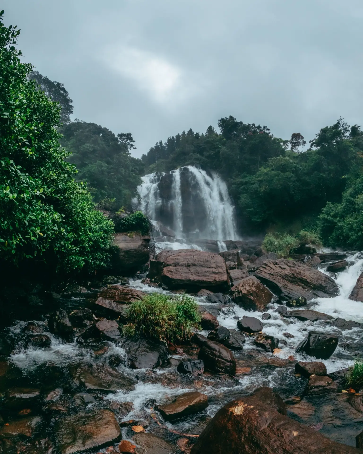 Galboda Falls falling through thick jungle, the water breaking white over dark rock.