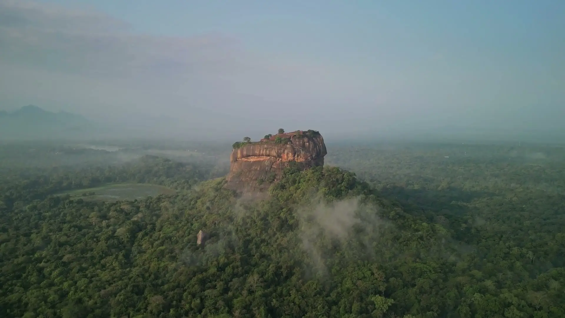 Sigiriya rock at first light, seen across forest.